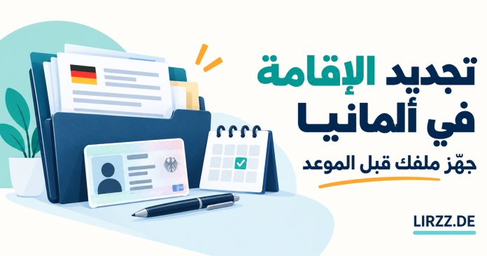 رسم توضيحي لملف مستندات وبطاقة إقامة وتقويم استعدادًا لموعد تجديد الإقامة في ألمانيا