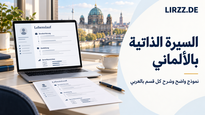 السيرة الذاتية بالألماني مع نموذج Lebenslauf على شاشة حاسوب ونسخة مطبوعة