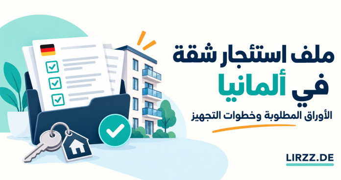 رسم لملف مستندات ومفاتيح ومبنى سكني يوضّح تجهيز ملف استئجار شقة في ألمانيا